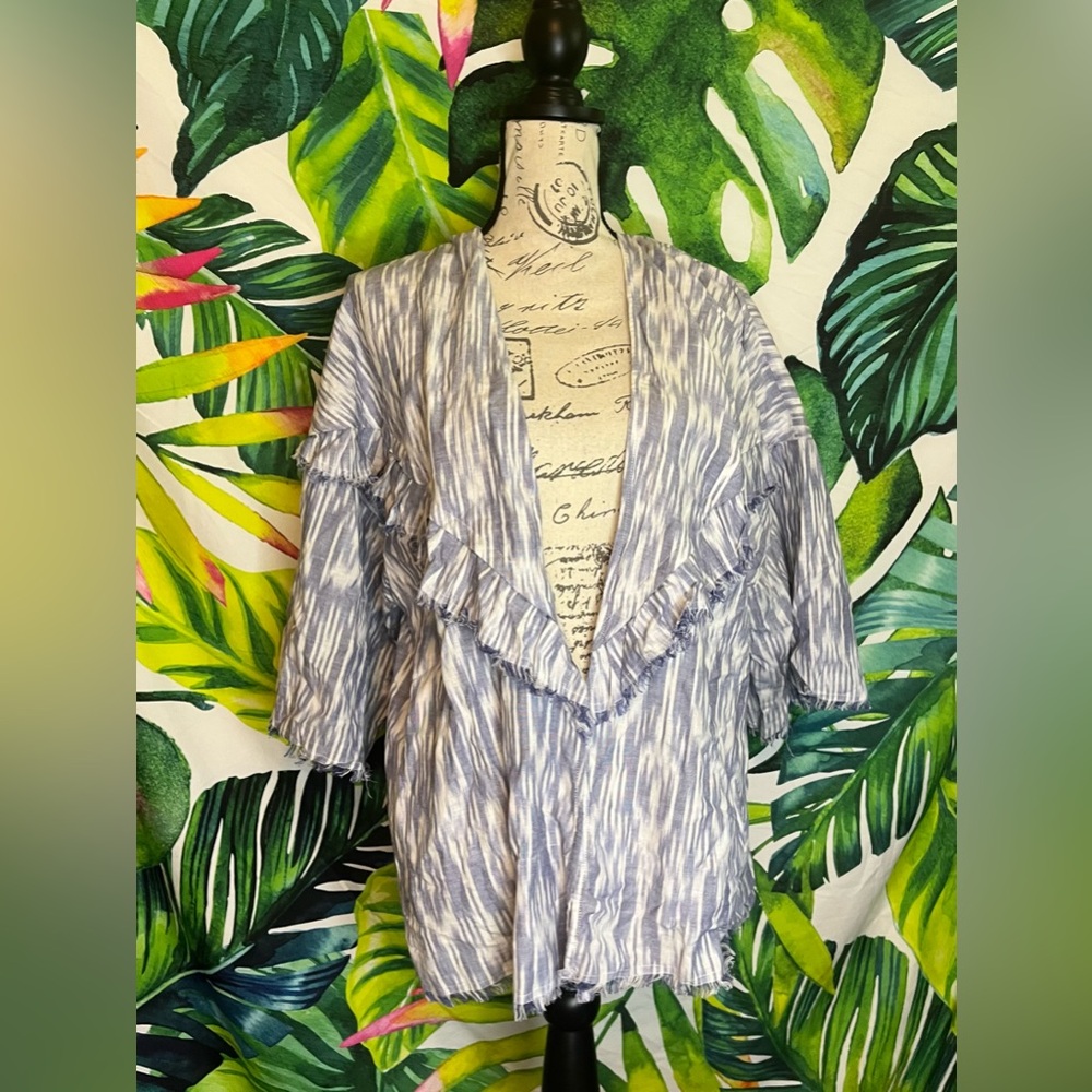 Anthropologie OSFM Blue White Fringe Open Boho Festivsl Vacation Summer Kimono